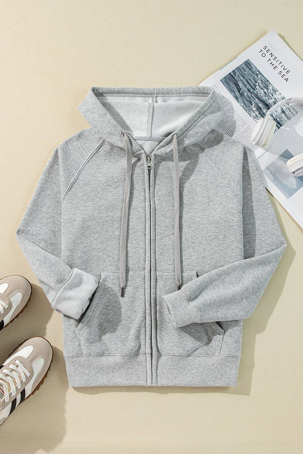 Light Grey Solid Color Fleece Lined Zip