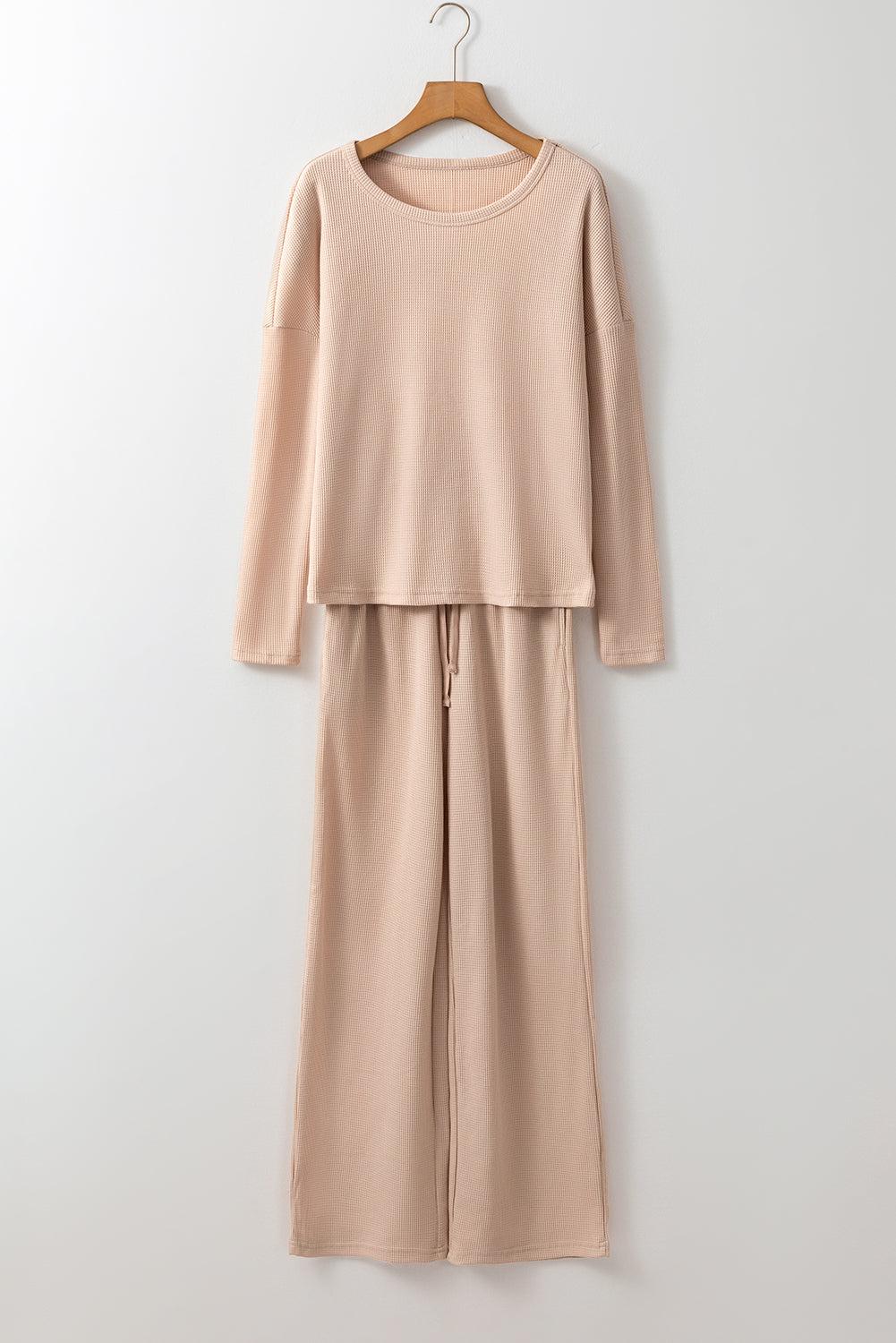 Parchment textured lounge set long sleeve with relaxed fit top and tapered pants in neutral beige