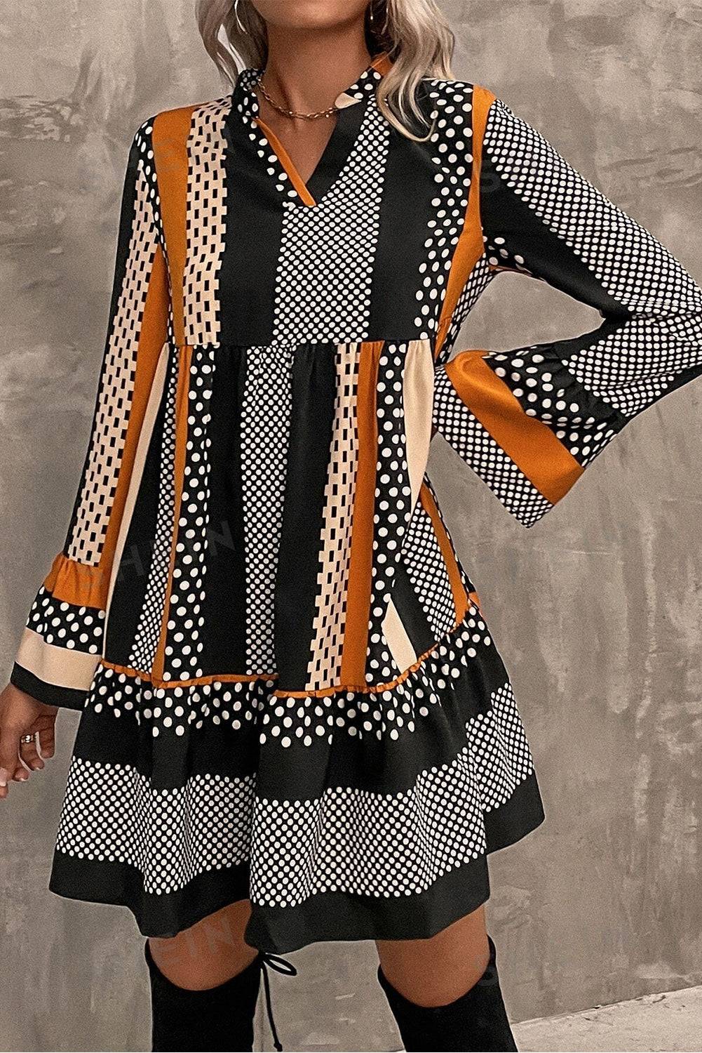 Black striped polka dot print V neck dress - back view detail