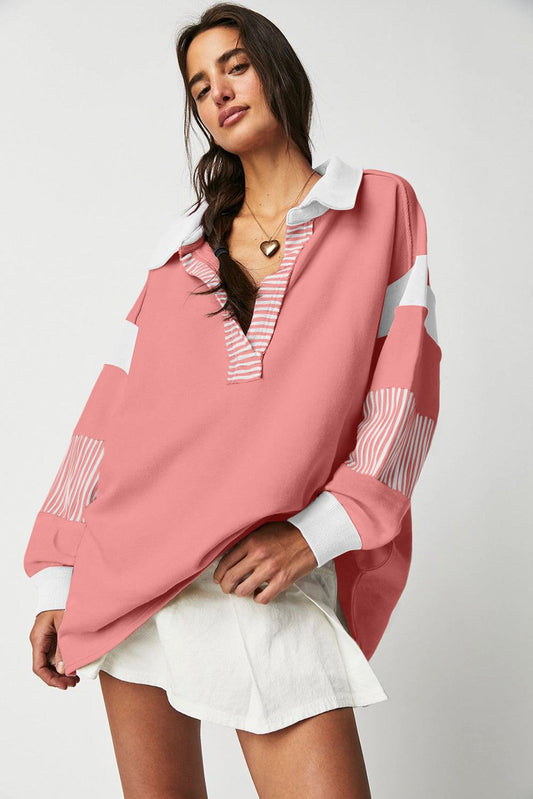 Women's striped colorblock patchwork collar sweatshirt in pink with white accents, casual trendy pullover