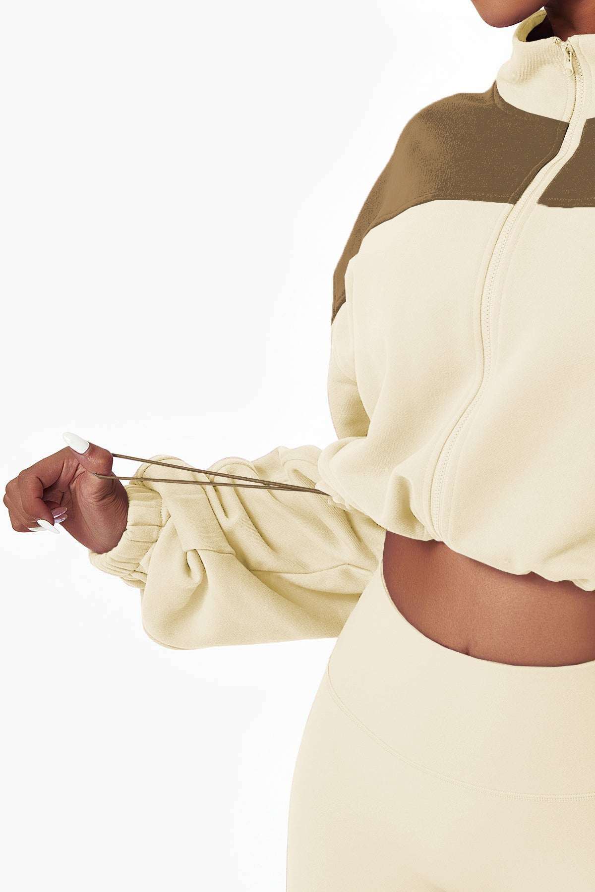Beige Color Block Drawstring Cropped Athleisure Jacket