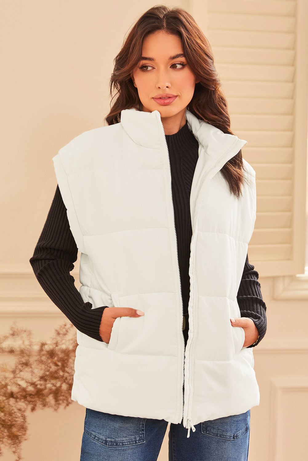 Solid Zipper Stand Neck Oversized Puffer Vest for stylish warm layering