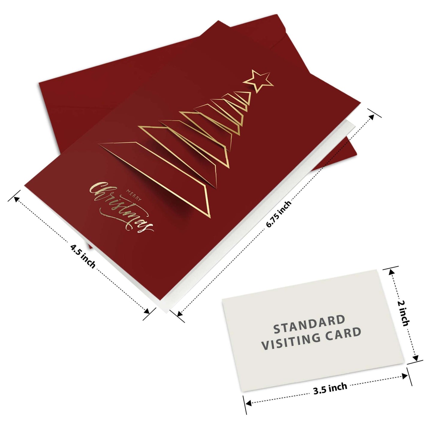 Christmas greeting cards with gold foiling Xmas tree design on dark red cards and matching red envelopes.