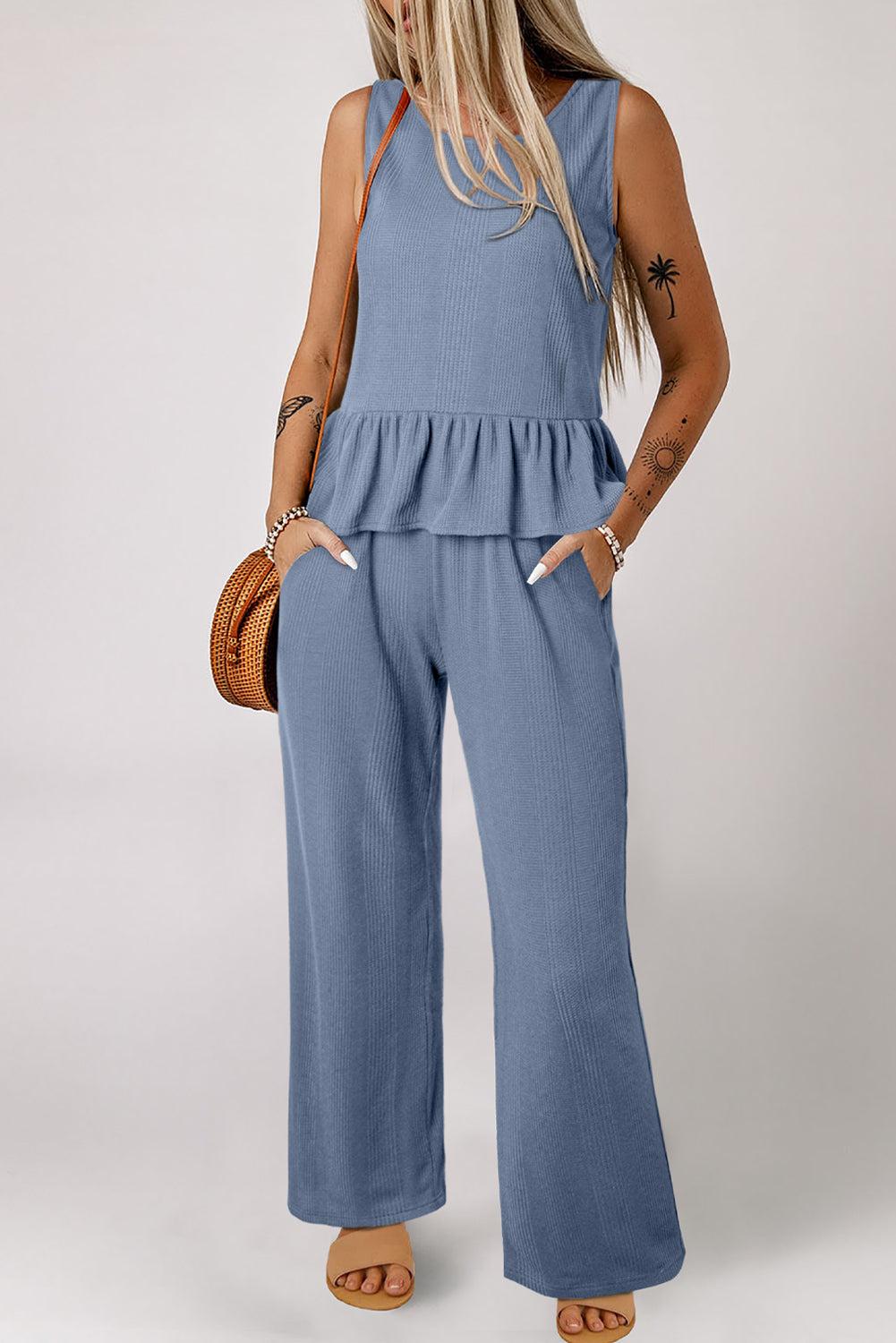 Ensemble débardeur et pantalon côtelés à volants de couleur unie bleu Beau
