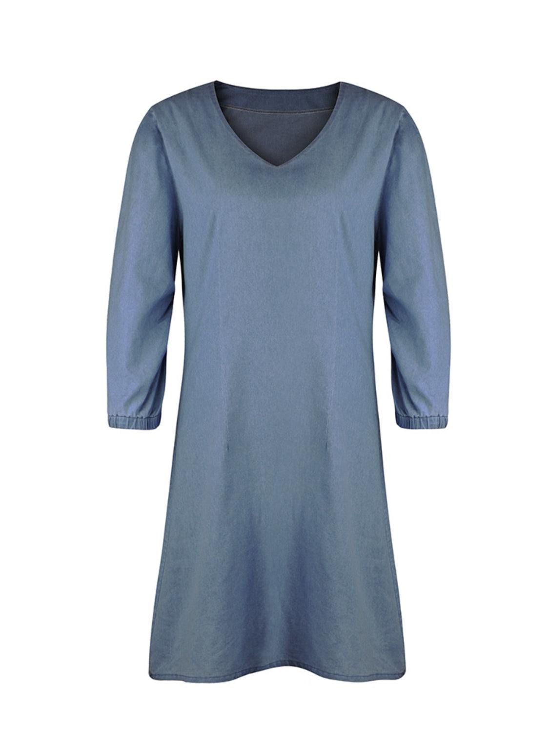 Full size V-neck half sleeve dress in solid blue, no stretch material.