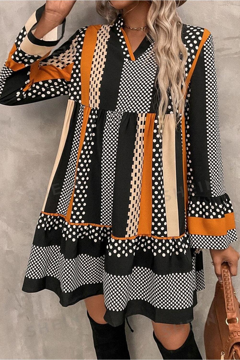 Black striped polka dot print ruffled hem dress - full length view