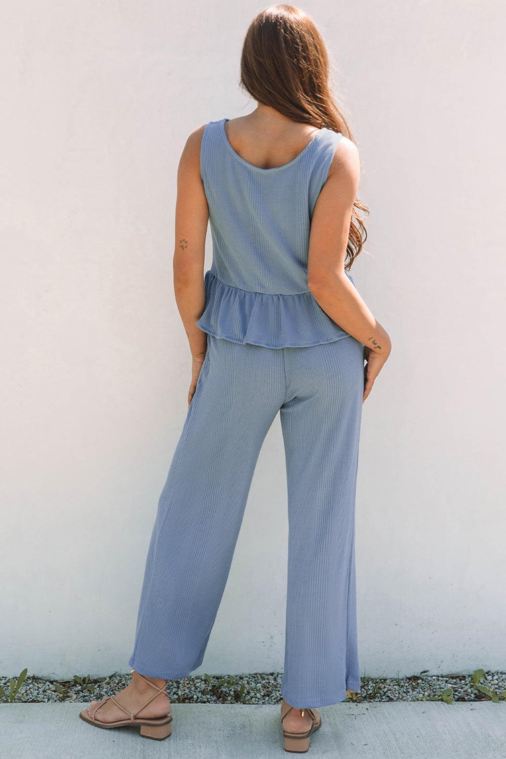 Ensemble débardeur et pantalon côtelés à volants de couleur unie bleu Beau