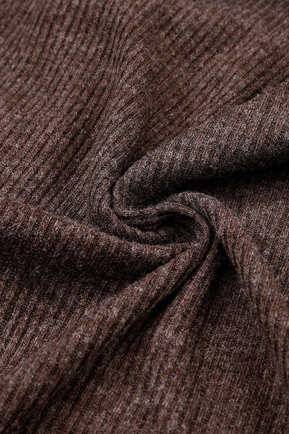Brown Ribbed Knit Collared Henley Top