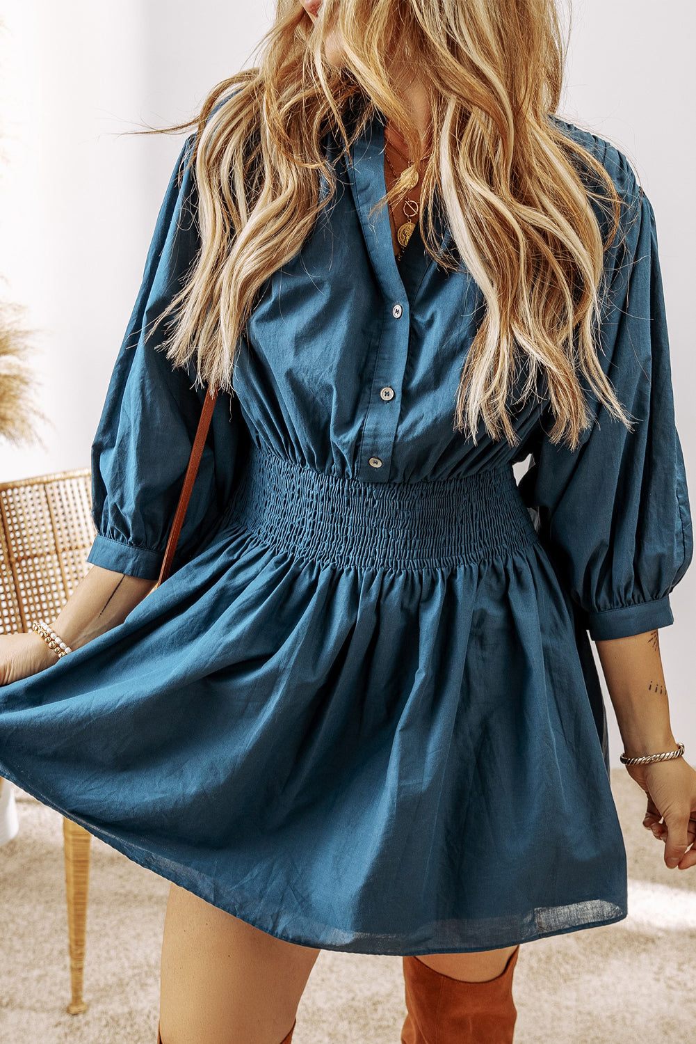 Prussian Blue 3 4th Sleeve Shirred High Waist Buttoned Mini Dress