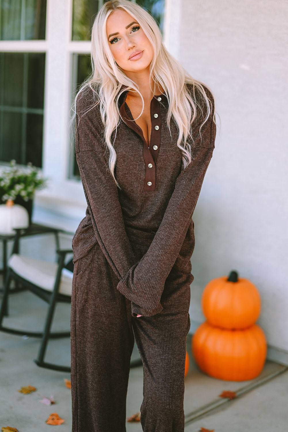 Brown Ribbed Knit Collared Henley Top