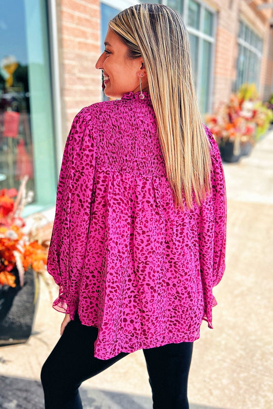 Leopard Print Blouse – Rose Puff Sleeve Shirred Top back view