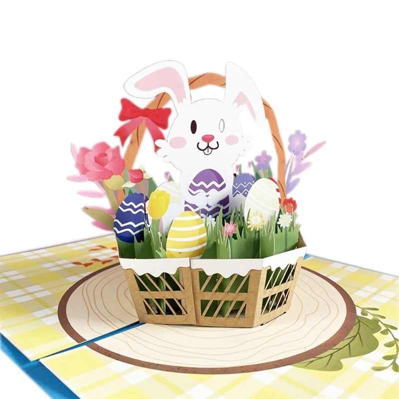 3D pop up greeting card with envelope featuring a bunny and floral basket design.