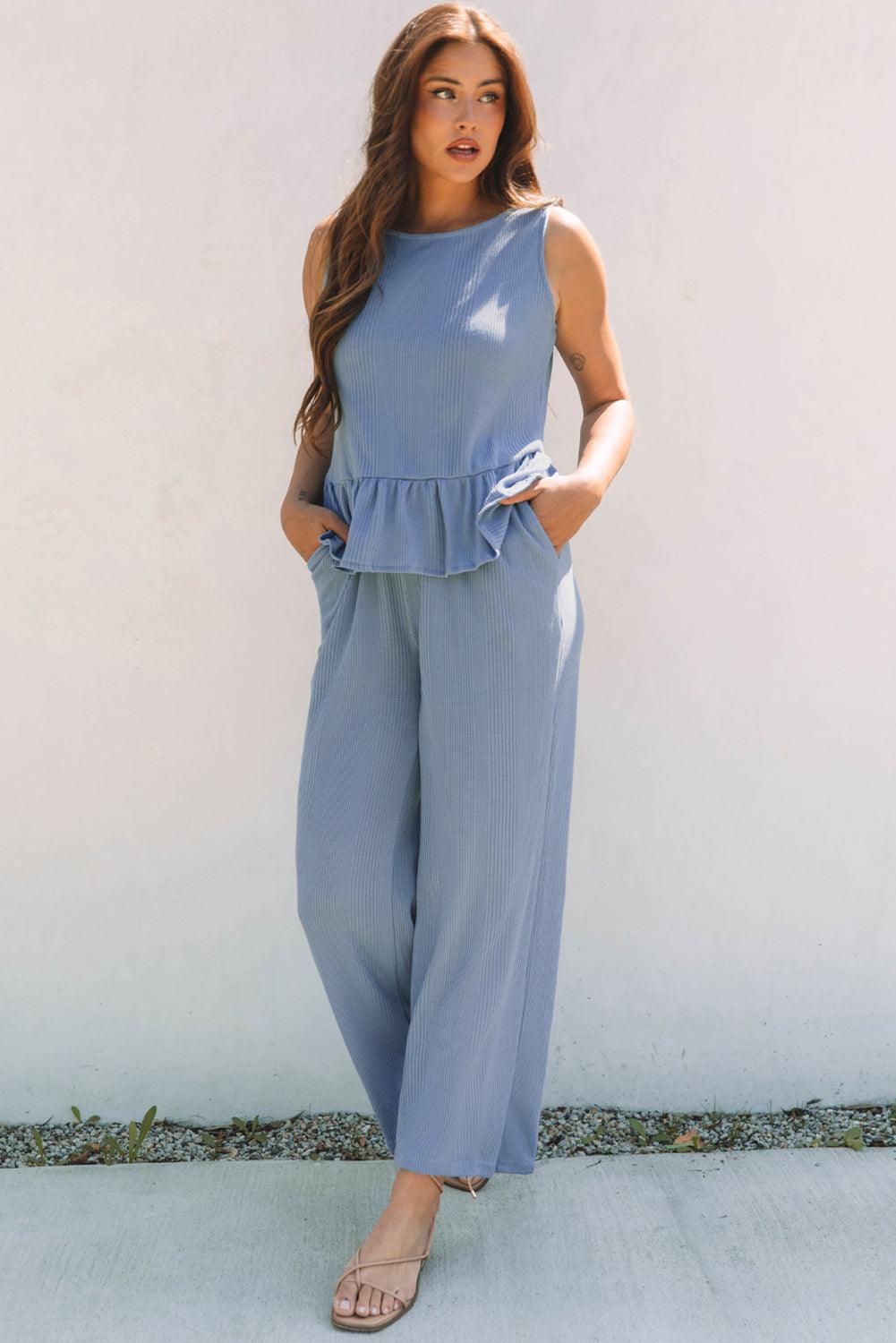 Ensemble débardeur et pantalon côtelés à volants de couleur unie bleu Beau