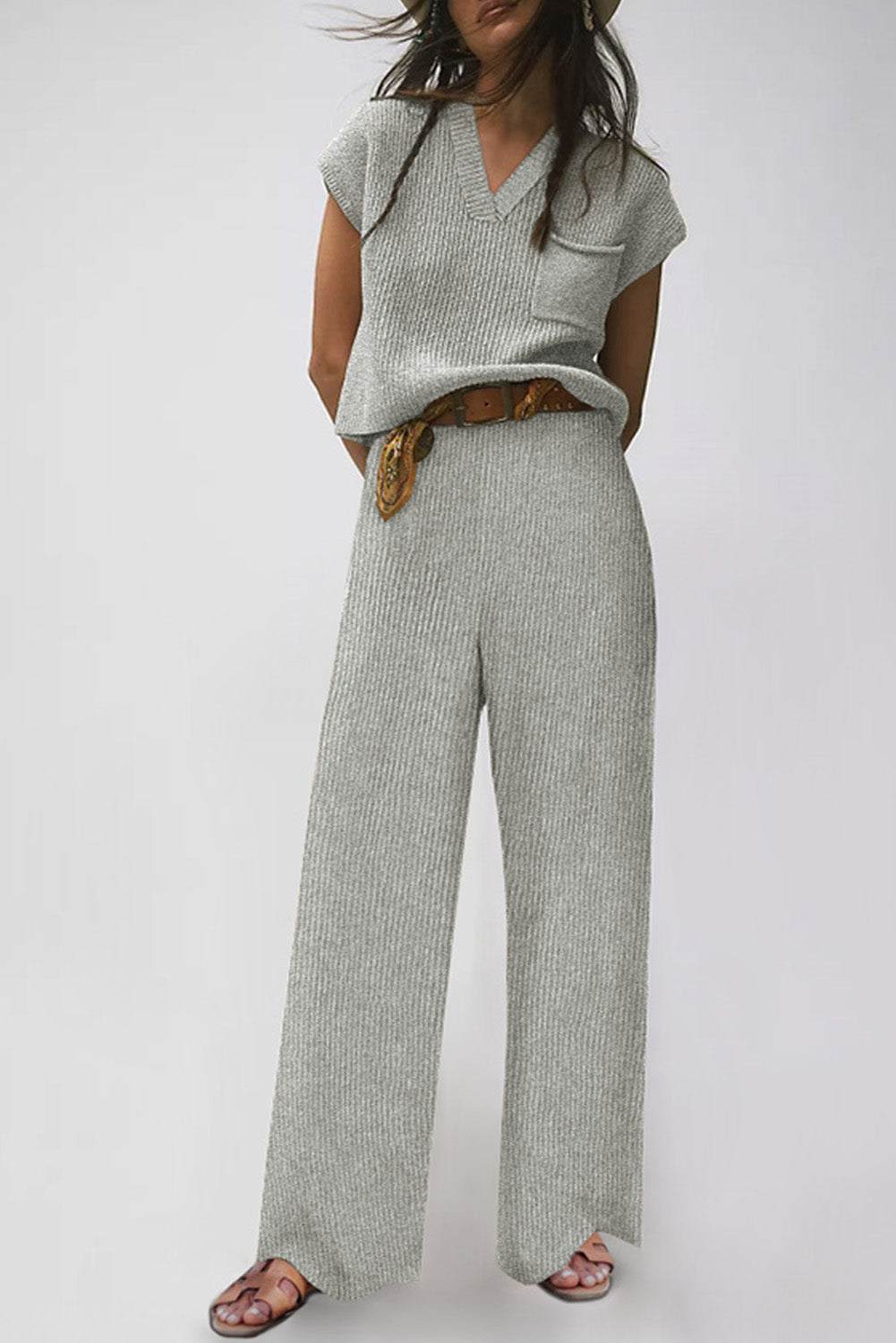 Gray knitted v neck sweater and casual pants set - complete loungewear outfit