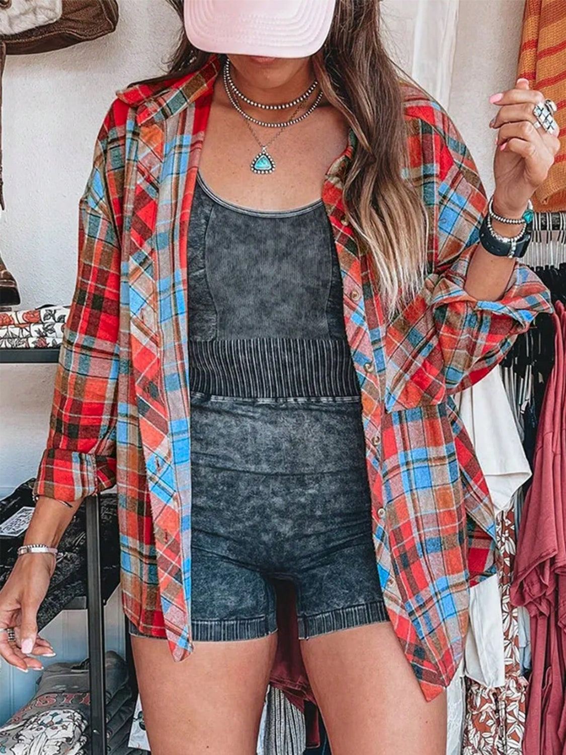 Plaid collared neck long sleeve shirt with pockets, featuring a red and blue pattern.