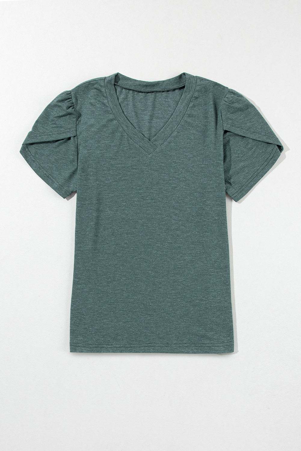 White background Mist Green Petal Sleeve V-Neck T-Shirt Front