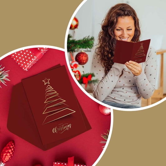 Christmas greeting cards with gold foiling Xmas tree design, dark red cards with matching red envelopes.