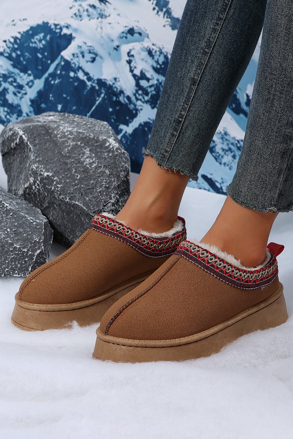 Brown Contrast Print Suede Plush Lined Snow Boots