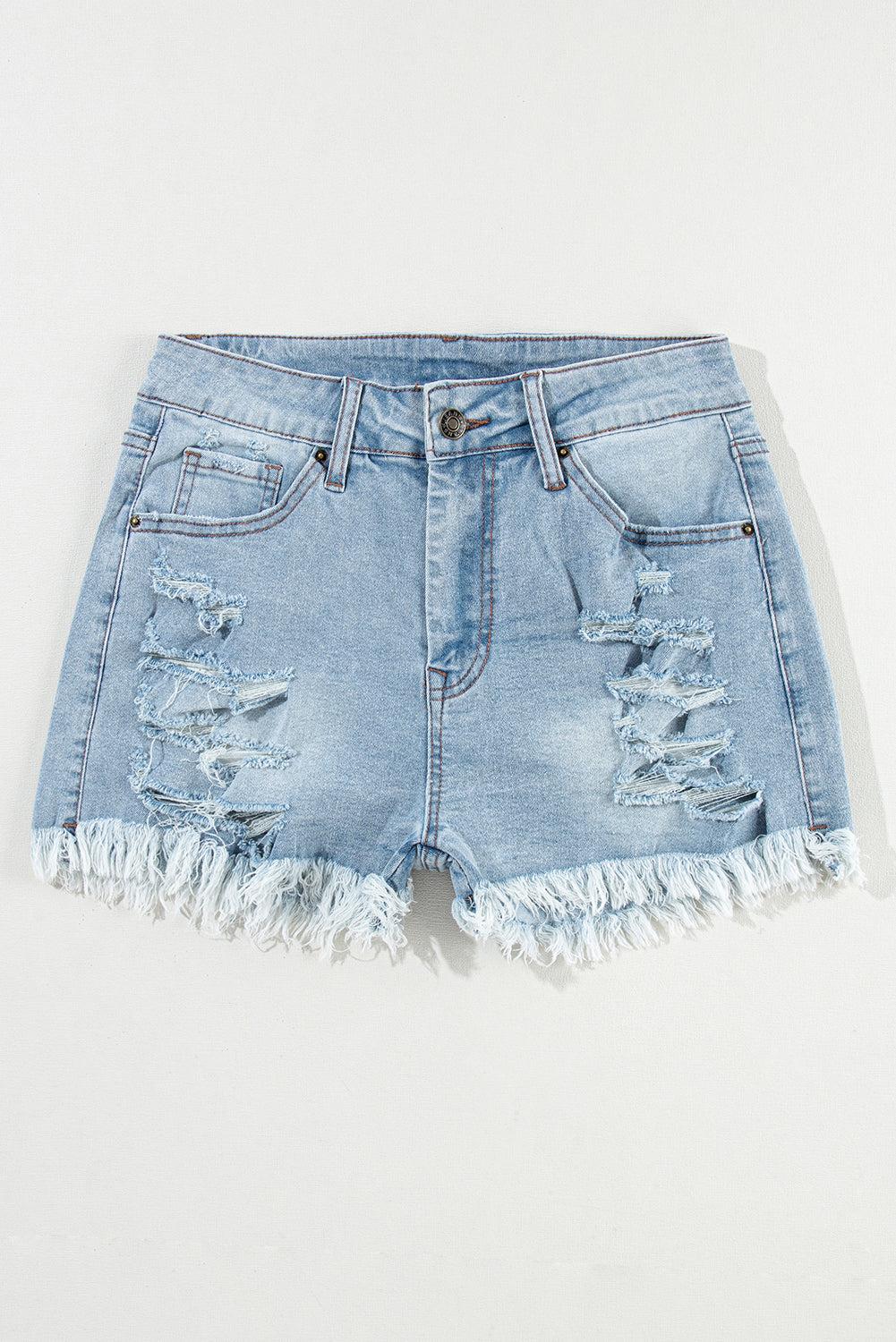 Light blue distressed high waist denim shorts with ripped details and raw hem.