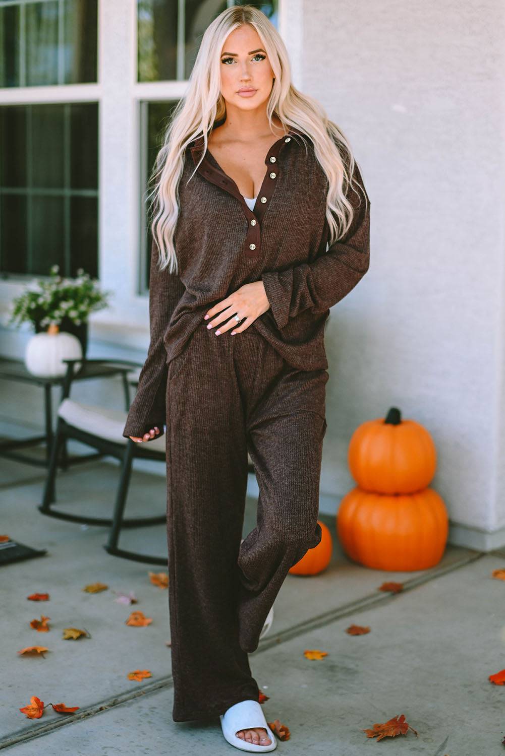 Brown Ribbed Knit Collared Henley Top