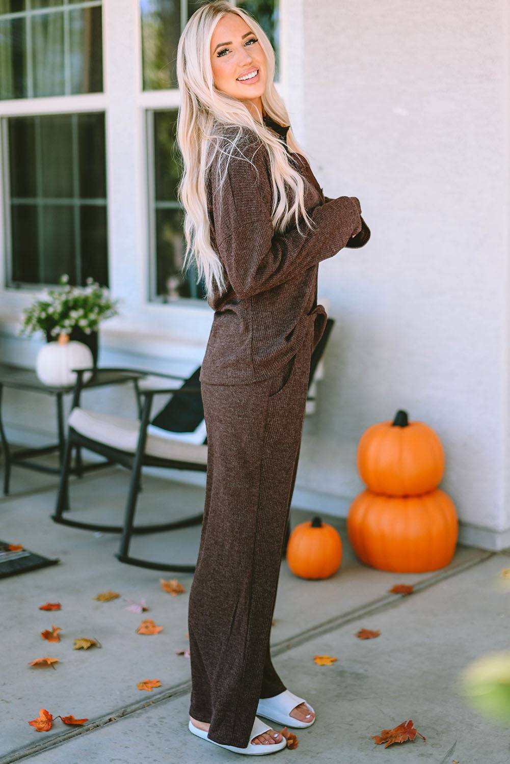 Brown Ribbed Knit Collared Henley Top