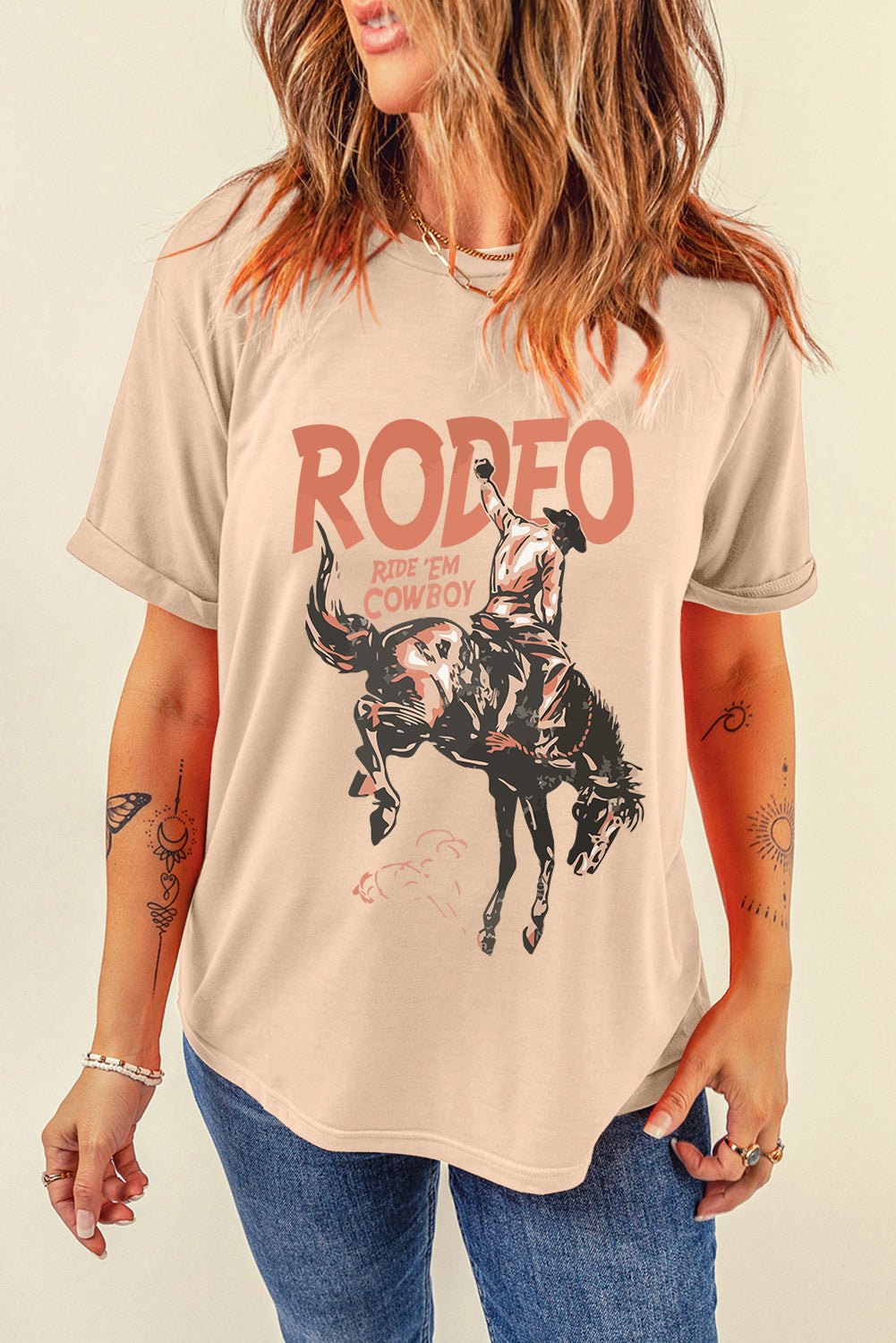 White Rodeo Cowboy Graphic Crewneck T-Shirt with Vintage Western Print