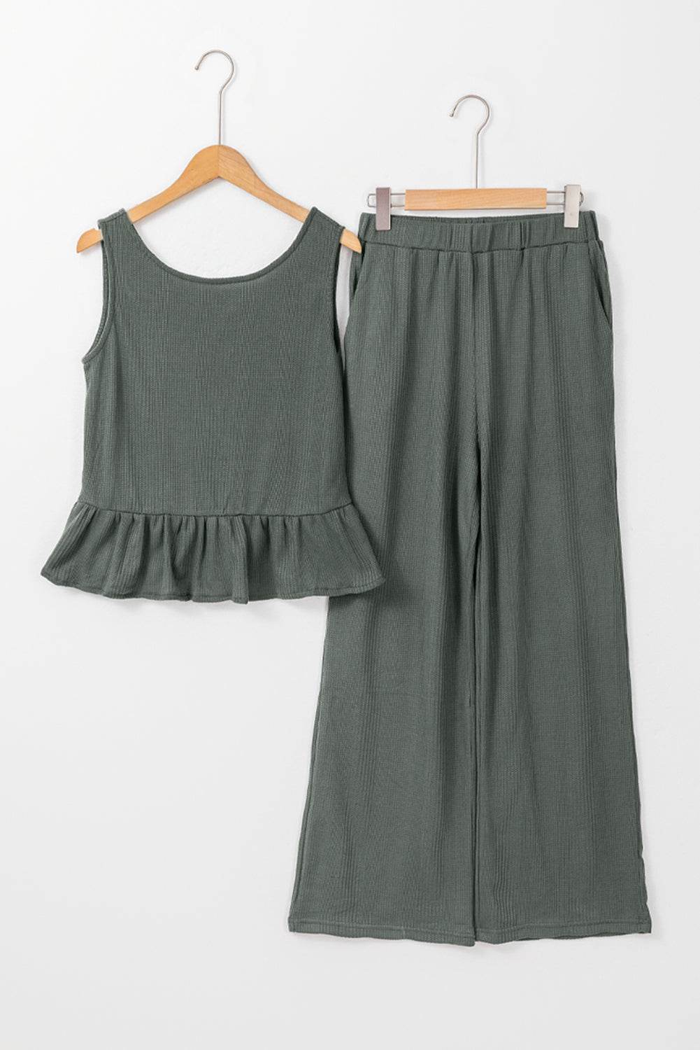 Duffel green solid color ribbed ruffle tank top and pants set - close up texture