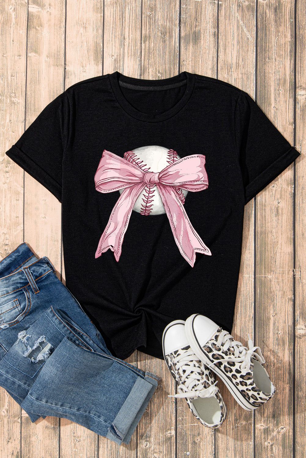 Black Baseball Bow Knot Print Round Neck
