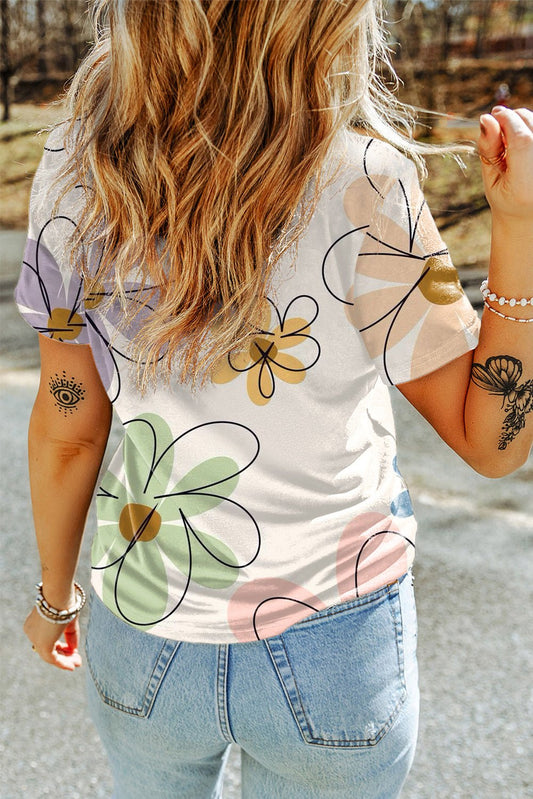 Beige Summer Bloom T-Shirt with bold floral design, ultra comfort fit, and round neckline.