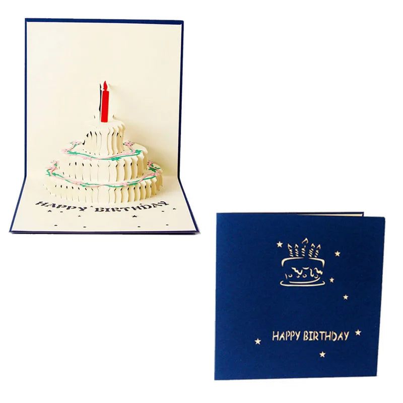 3D pop-up greeting card with birthday cake design, blue envelope included.