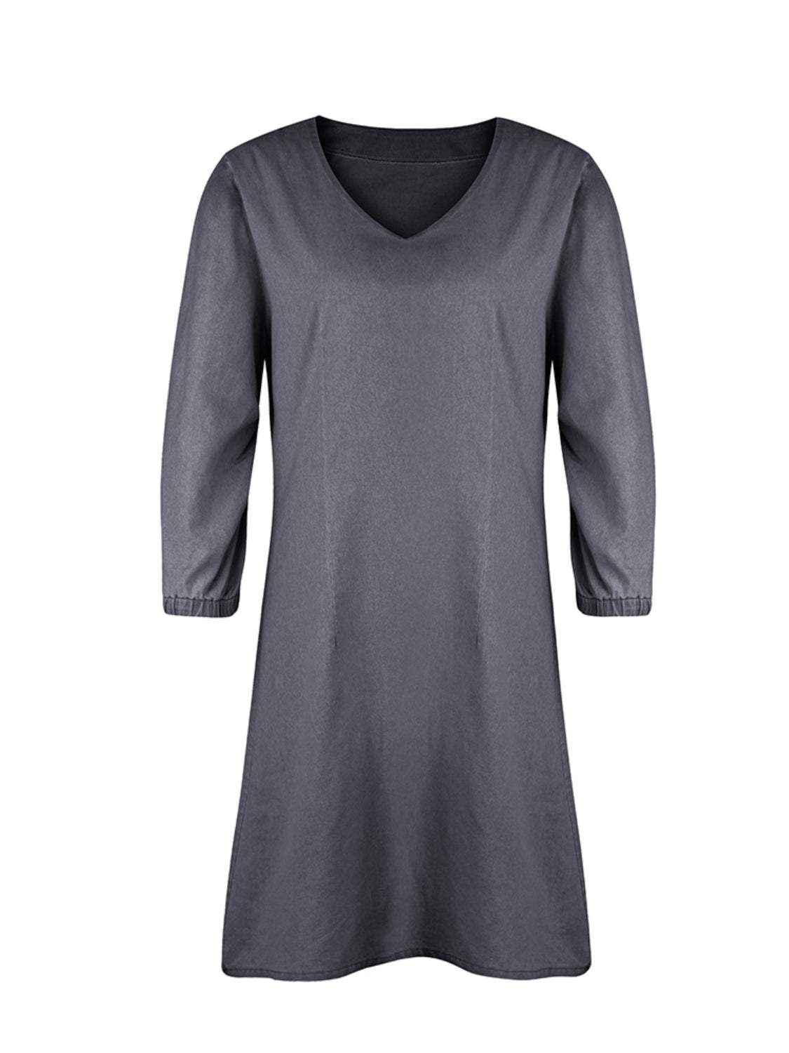 Full Size V-Neck Half Sleeve Dress in gray, basic style, 65% rayon and 35% polyester fabric.