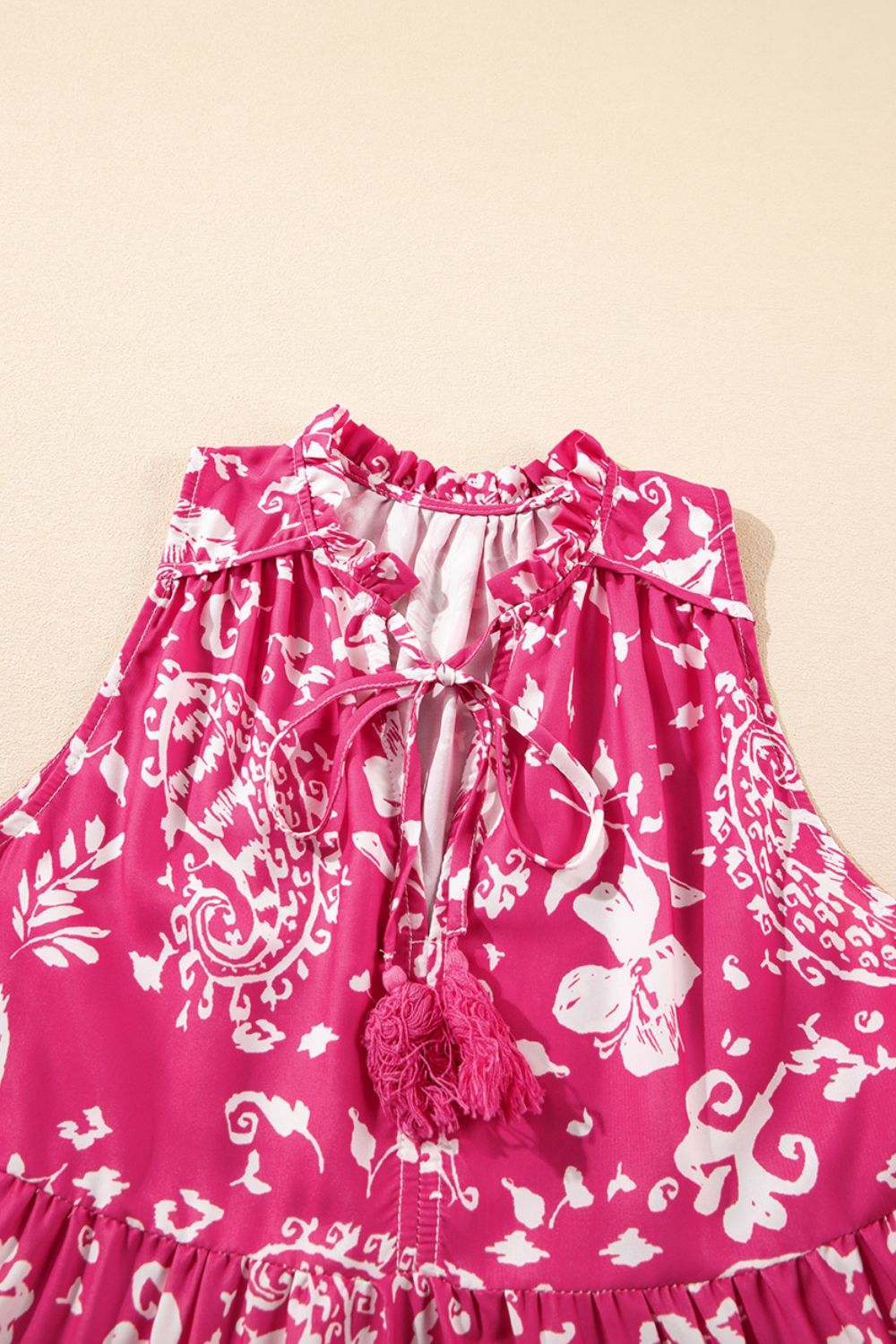 Boho Floral Dress - Close-up Detail of Tassel Tie Neckline and Floral Print