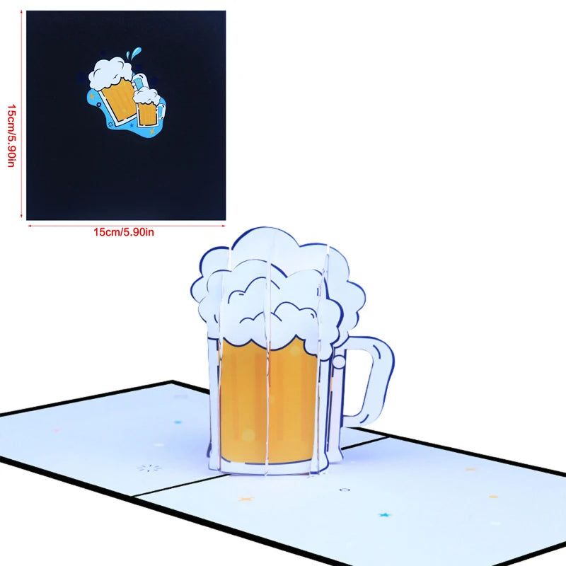 3D pop-up greeting card with beer mug design, includes envelope, high-quality paper, ideal for special occasions.