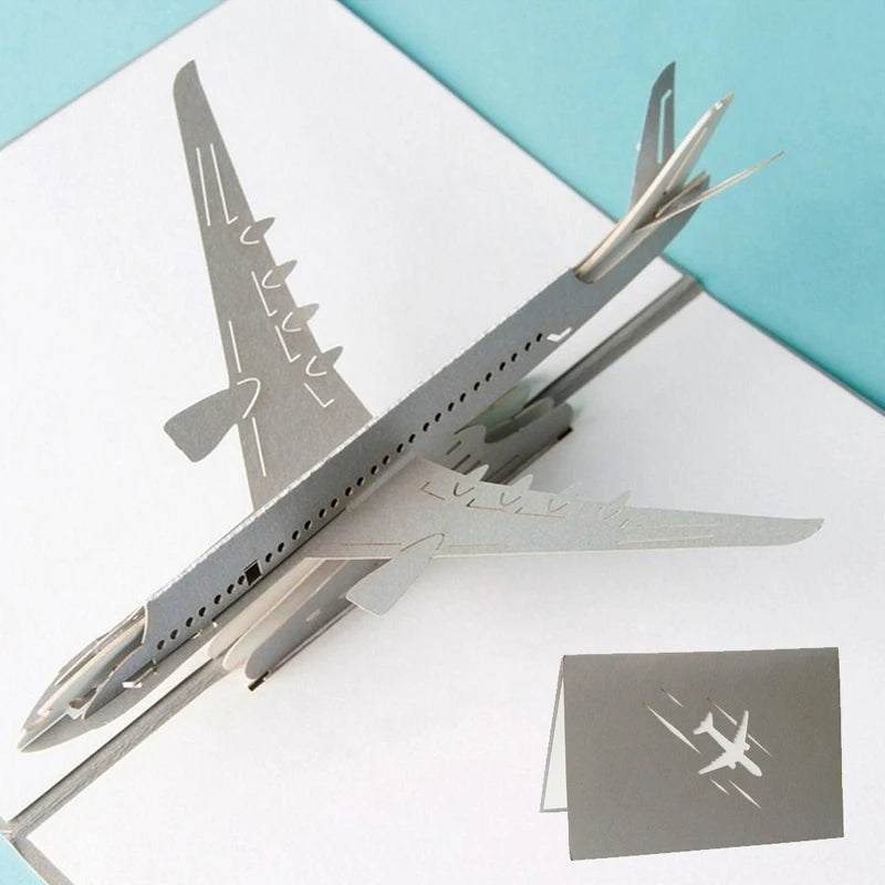3D greeting card with airplane pop-up design and envelope, ideal for special occasions.