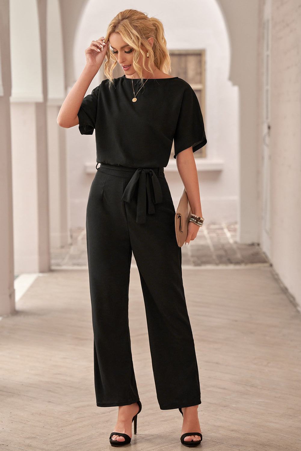 Glam Belted Wide Leg Jumpsuit
