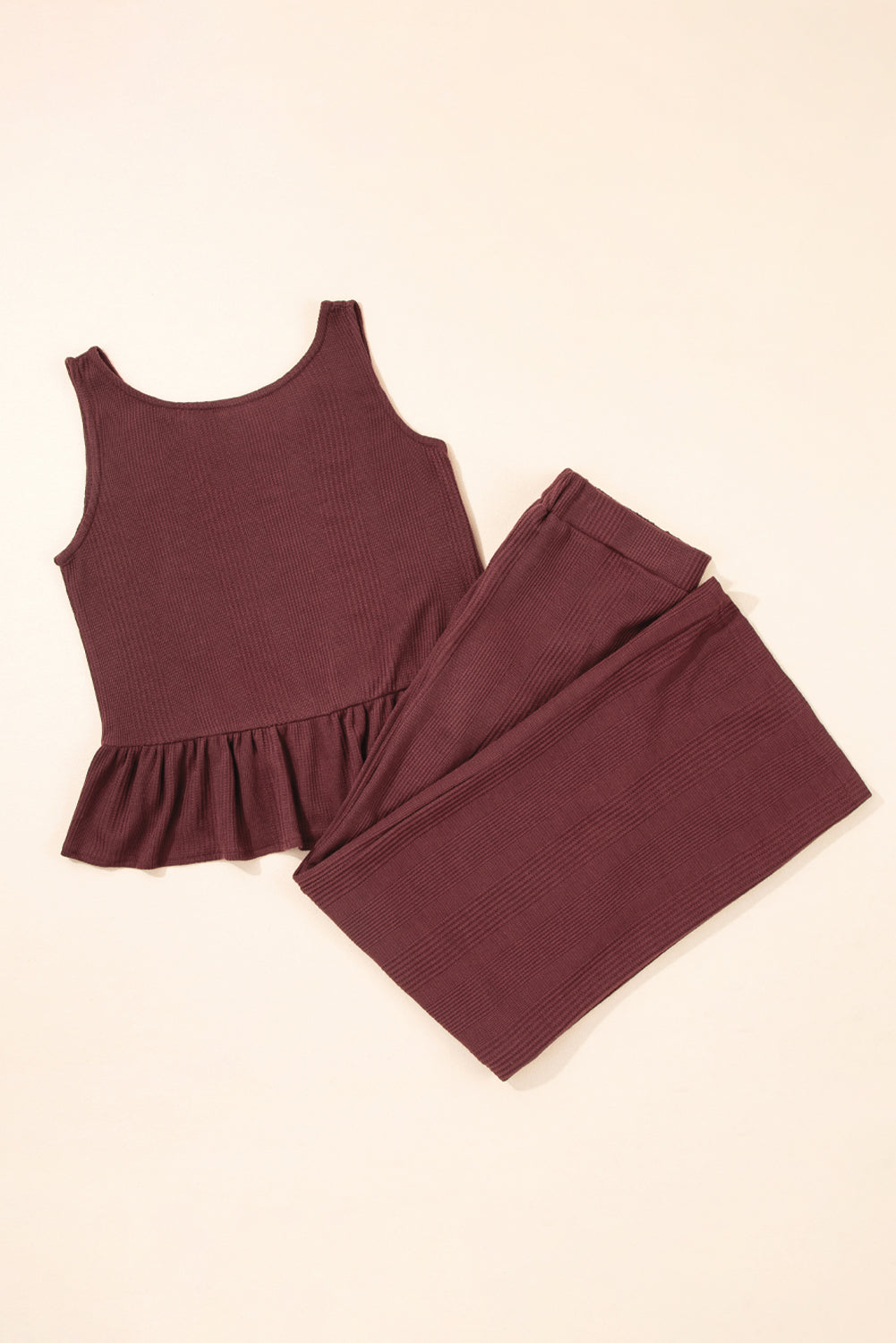 Ensemble débardeur et pantalon côtelés à volants de couleur unie Red Dahlia