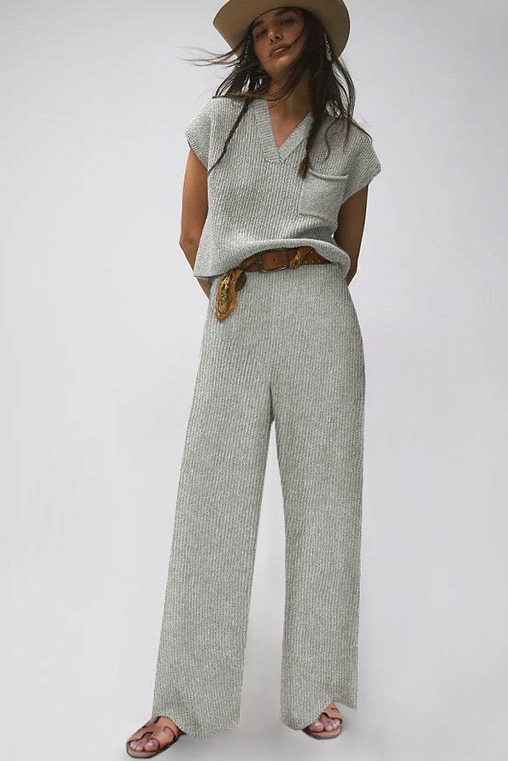 Gray v neck sweater and pants set front view - comfortable knit fabric