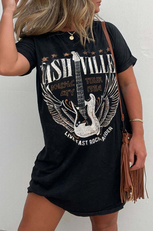 Graphic Round Neck Short Sleeve Tee Dress with bold Nashville music city design.