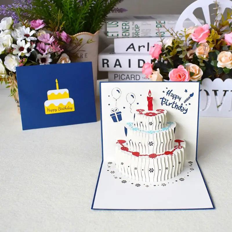 3D greeting cards with envelope featuring an intricate pop-up birthday cake design.