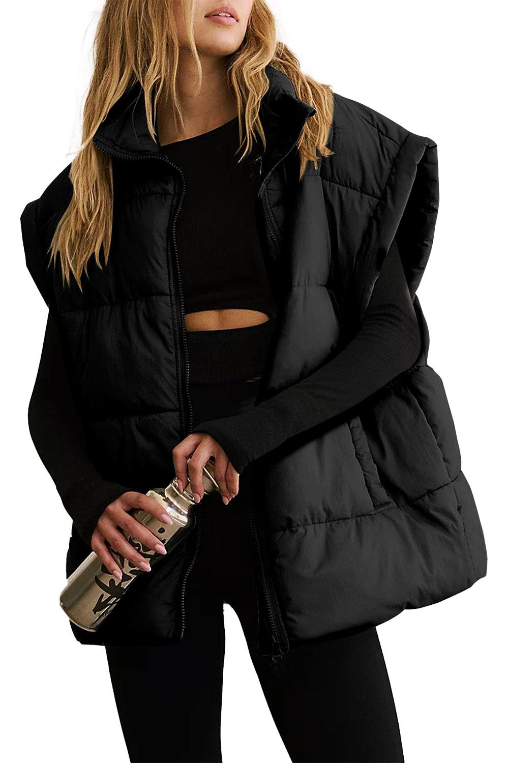 Solid Zipper Stand Neck Oversized Puffer Vest in black, featuring an oversized fit with a stand neck collar.