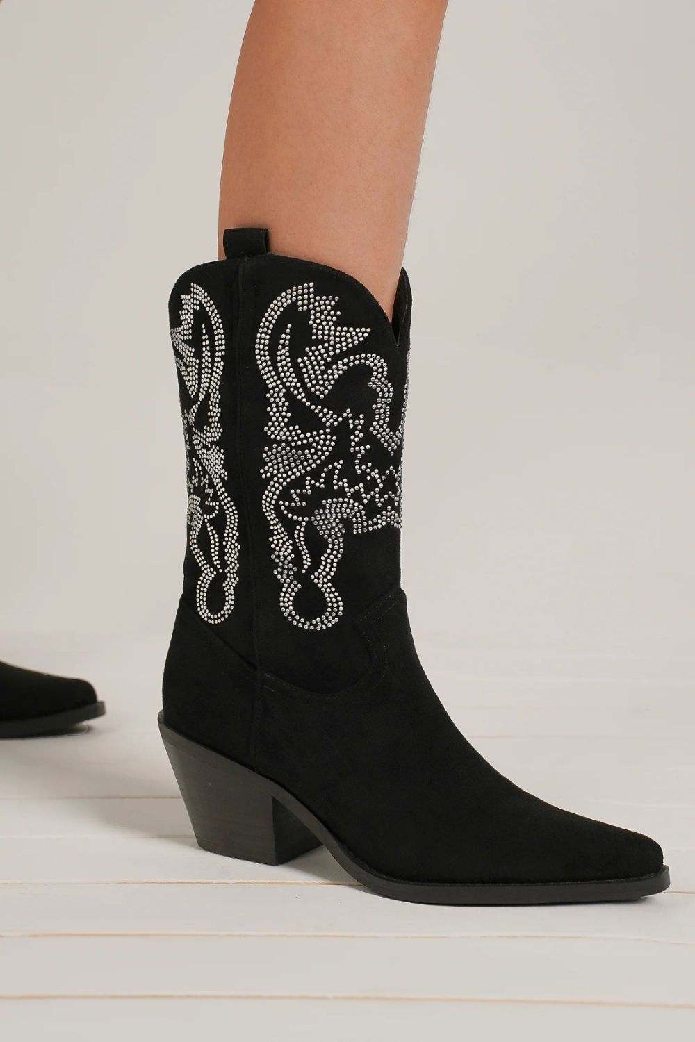 Beast Fashion Rhinestone Detail Upper with Pointy Toe Boots Mid Calf