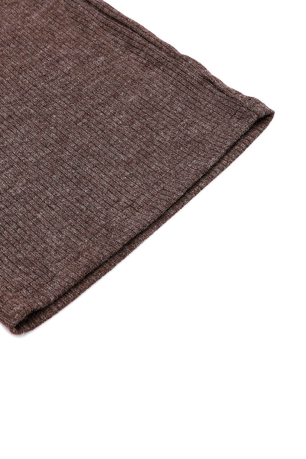 Brown Ribbed Knit Collared Henley Top