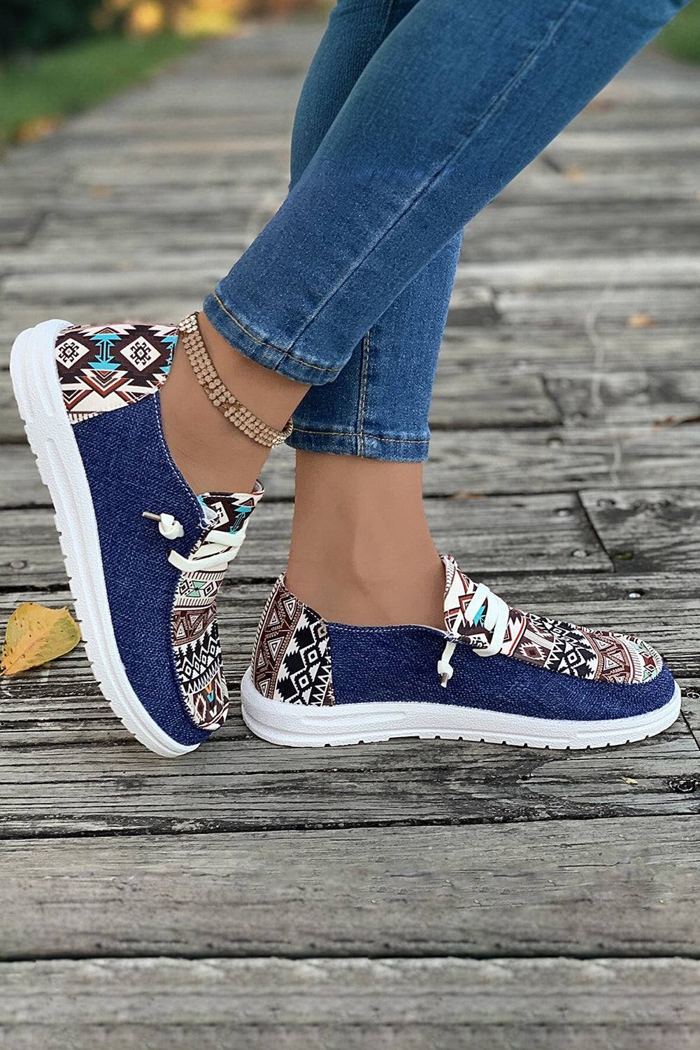 Ashleigh Blue Vintage Aztec Patchwork Lace-up Decor Flat Shoes