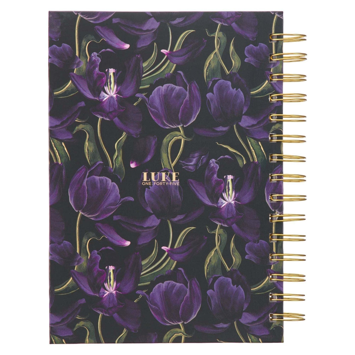 Black and purple wirebound journal with floral design and Luke 1:45 Bible verse.