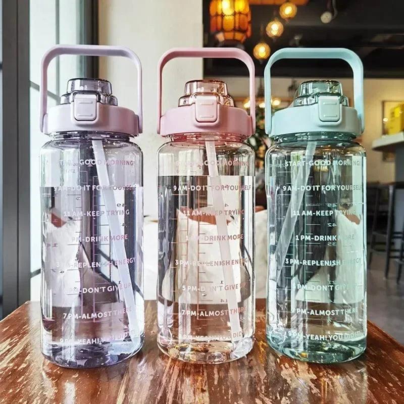 2L Portable Water Bottle Large Capacity Plastic Straw Water Cup Drink Bottle with Time Marker for Outdoor Sports Fitness