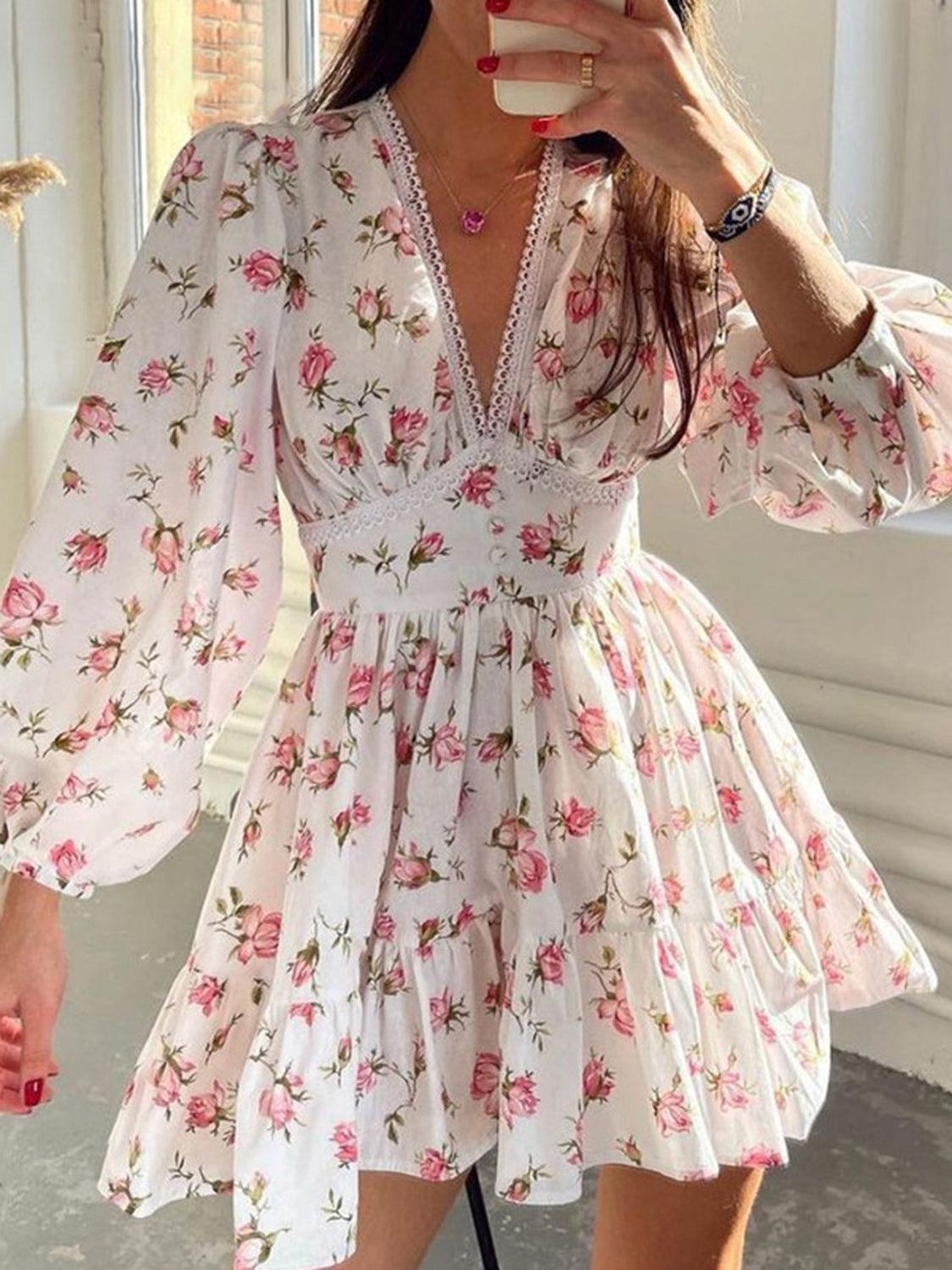 shifted arm view in her Lace Detail V-Neck