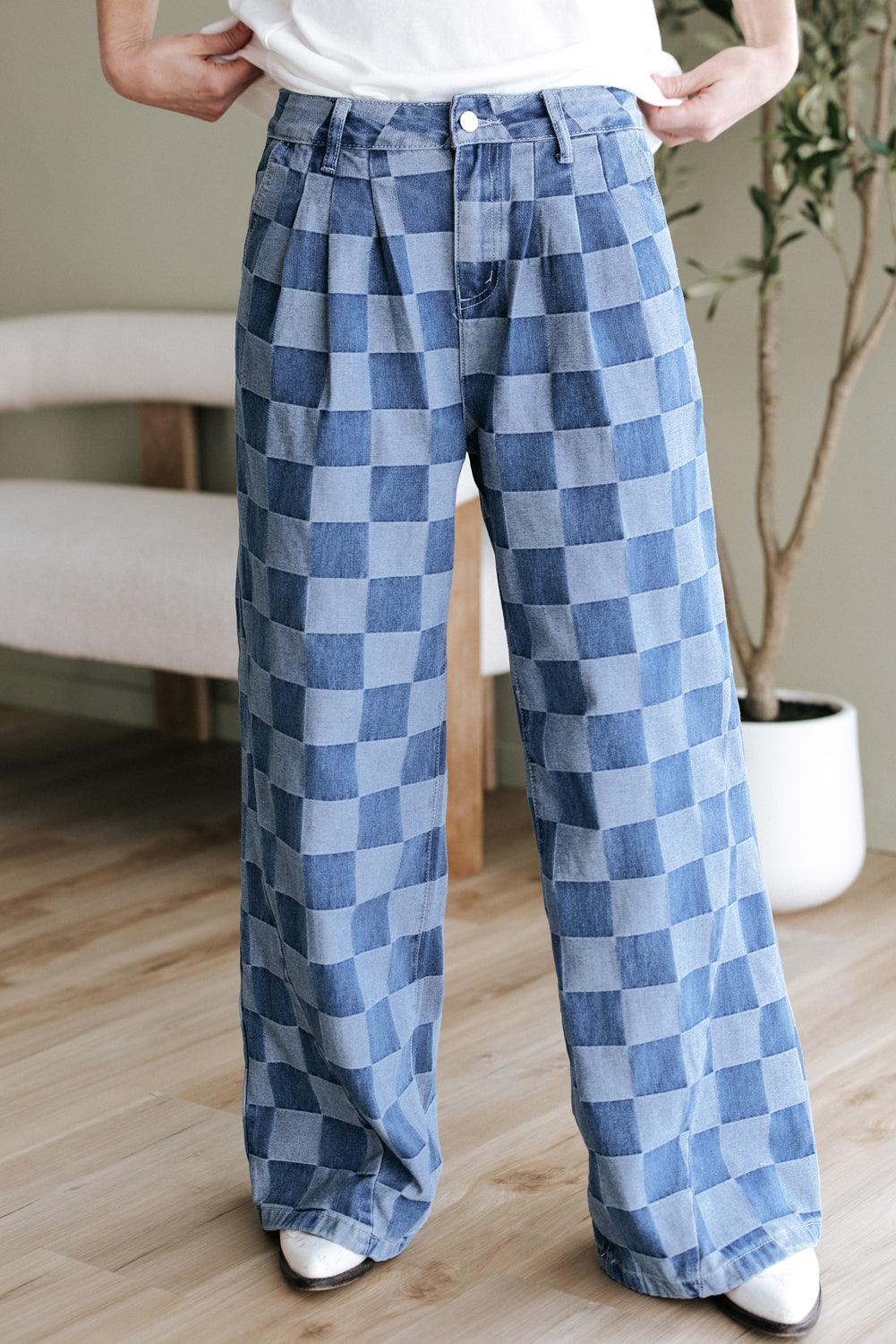 Dusk blue checkered denim wide leg jeans with pleated design.