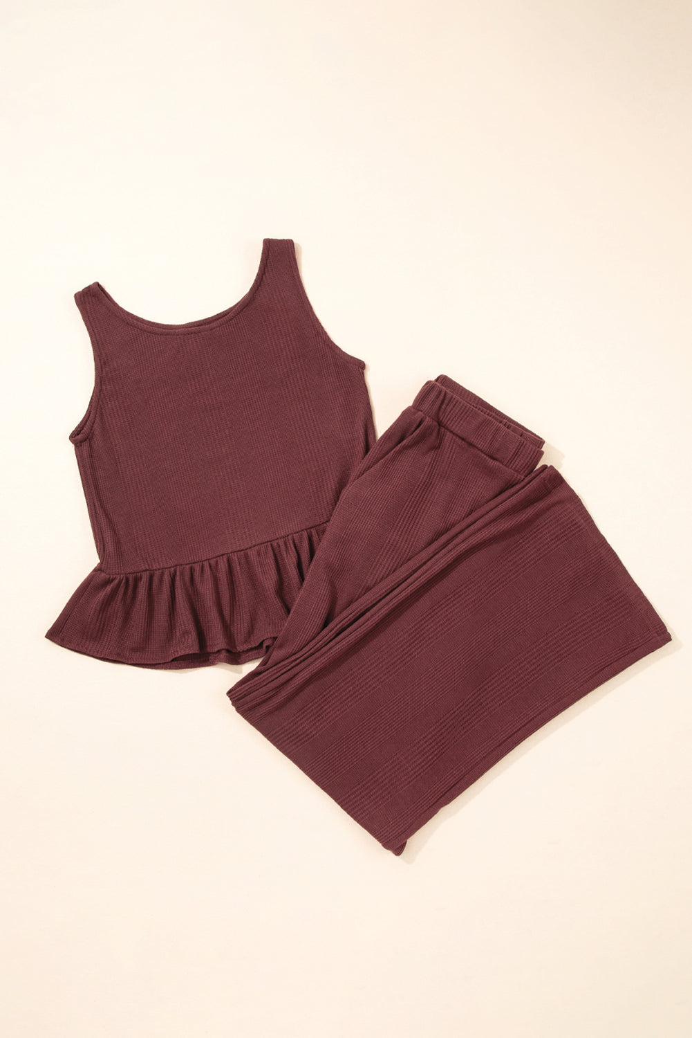 Ensemble débardeur et pantalon côtelés à volants de couleur unie Red Dahlia