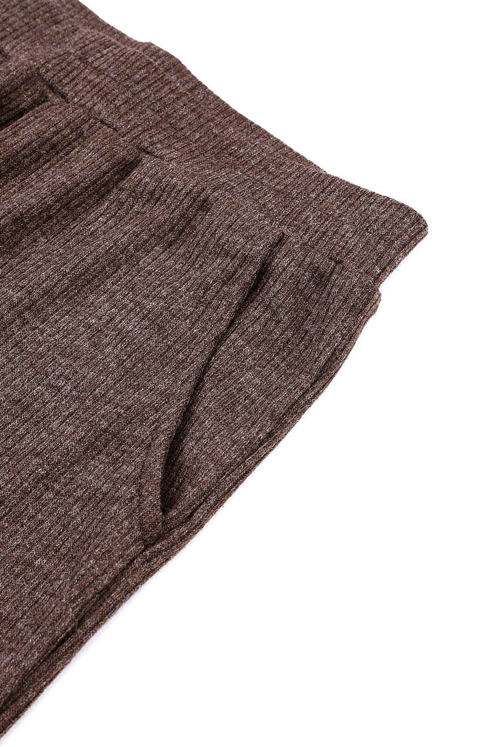 Brown Ribbed Knit Collared Henley Top