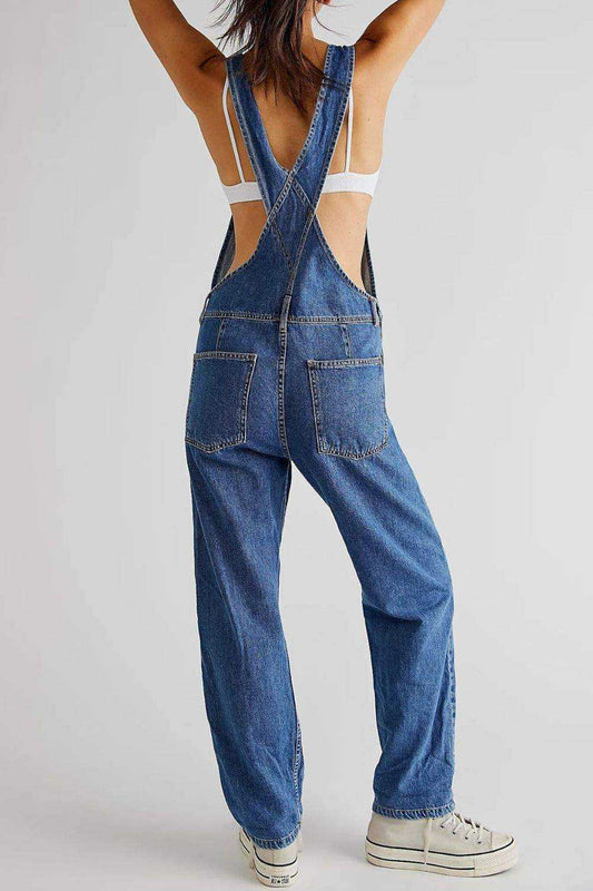 Wide strap square neck denim overalls with adjustable straps and functional pockets.
